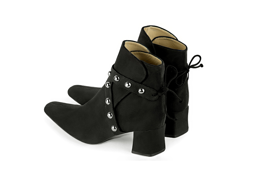 Matt black women's ankle boots with laces at the back. Square toe. Medium block heels. Rear view - Florence KOOIJMAN